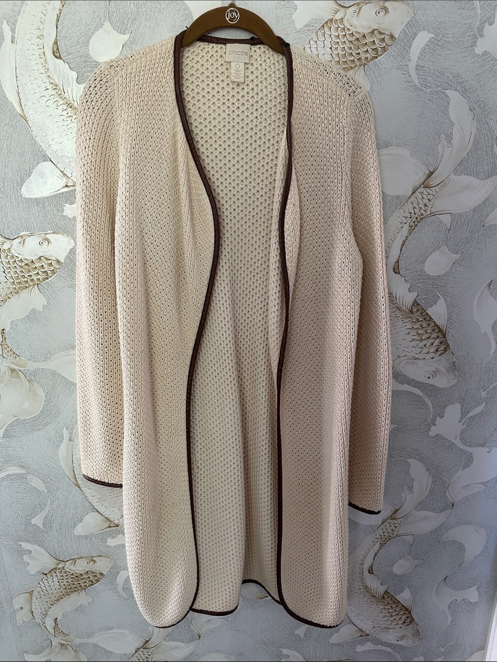 Chico's Cream Open-Front Knit Cardigan with Brown Trim